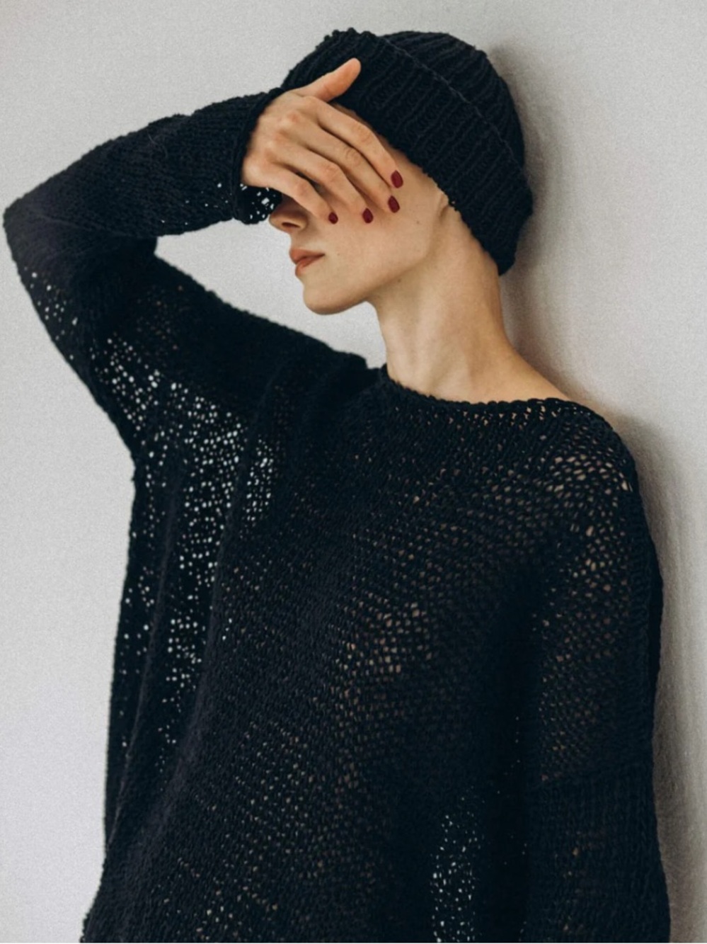 Leith Black Open-Knit Crewneck Sweater